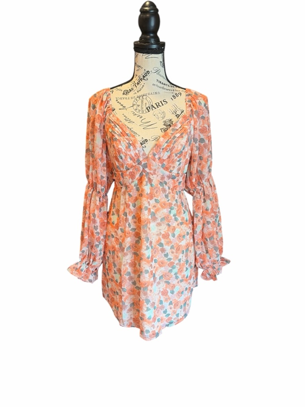 Lena Peach Floral Long Sleeve Pleated V-Neck Chiffon Mini Dress Medium Romantic
